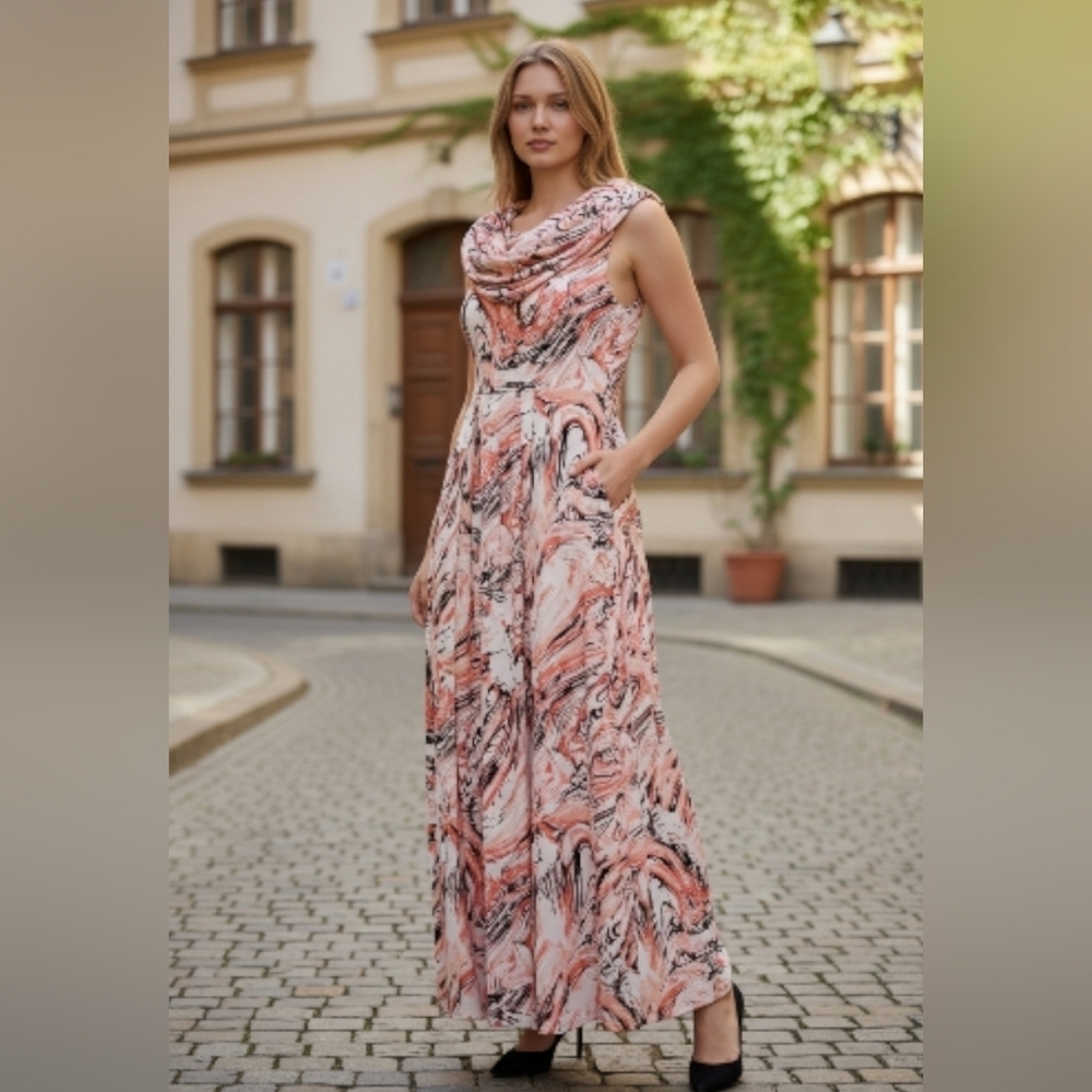 Mr Max Pink Black & White Print Maxi Dress With Matching Wrap Scarf In Large